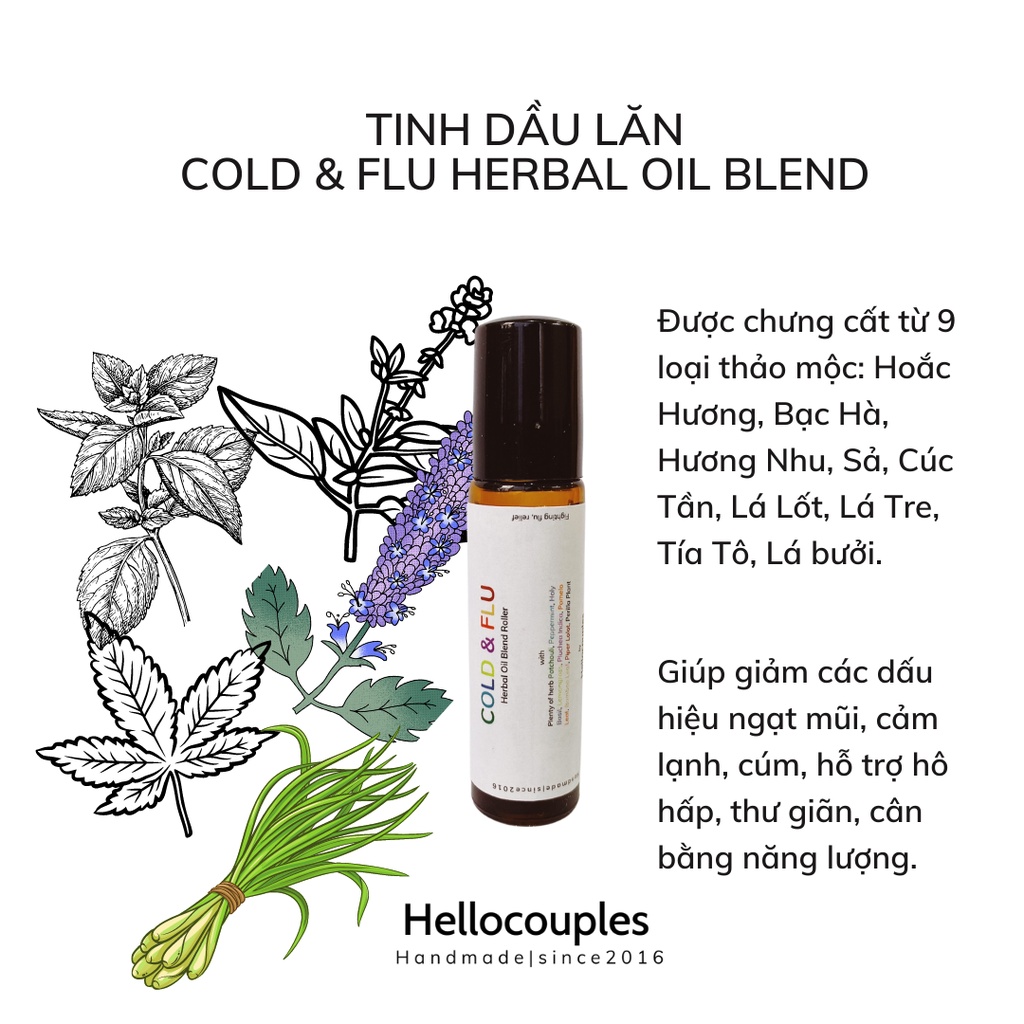 TINH DẦU LĂN THƯ GIÃN HỖ TRỢ HÔ HẤP COLD AND FLU HERBAL OIL BLEND HELLOCOUPLES HANDMADE