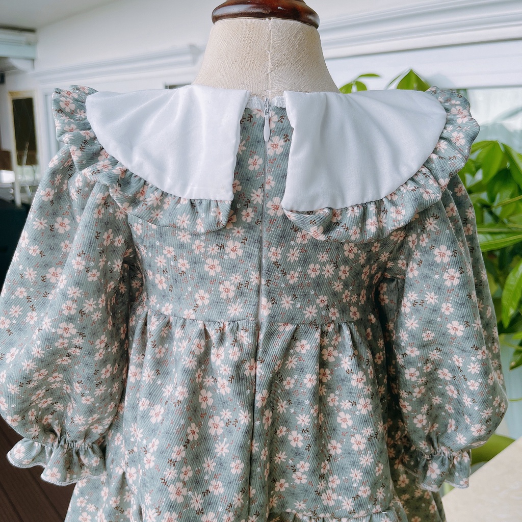 Váy cho bé gái đầm nhung in họa tiết hoa xanh dáng xòe babydoll 2 tầng dày dặn từ 8-32kg