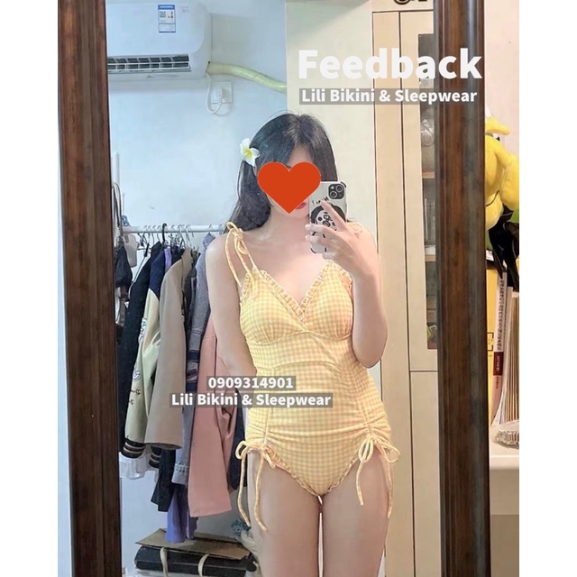 Mẫu mới 2023 bikini Hàn Quốc phong cách tiểu thư Lolita buộc dây nơ đáng yêu, đồ bơi màu vàng nhạt caro đẹp
