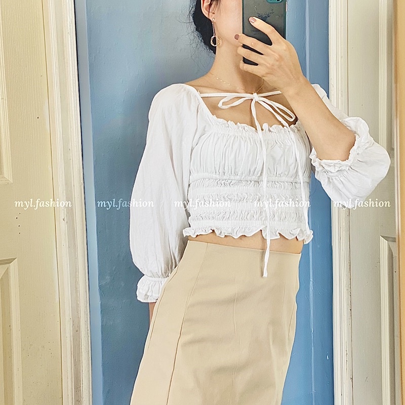 Áo croptop ulzzang trắng buộc dây cổ, áo croptop tay dài cổ vuông - myl.fashion