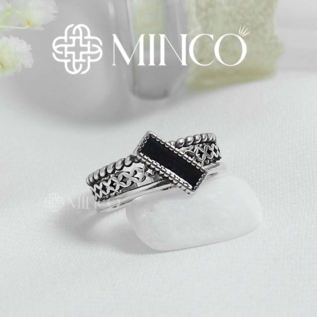 Nhẫn nữ Cross Minco Accessories thiết kế đính đá đen chéo free size phong cách cá tính NT102-10
