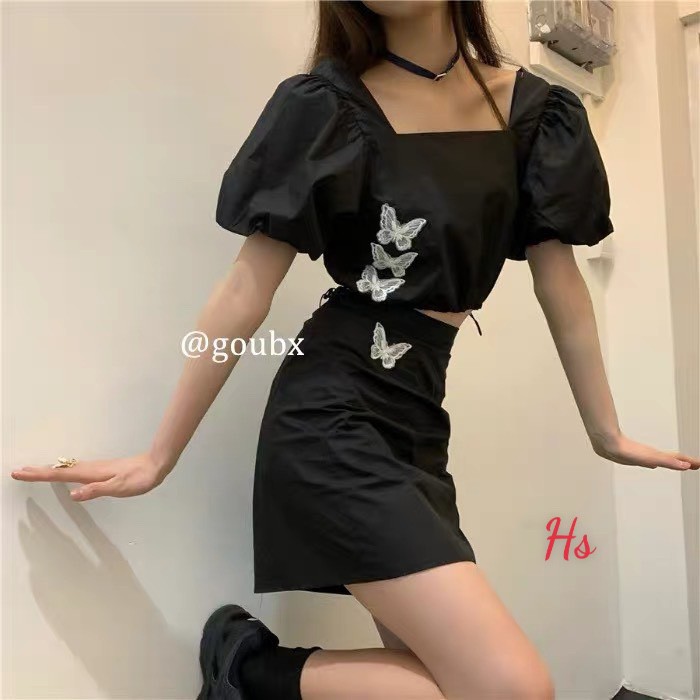 [ Mã FAMAYWA2 giảm 10K đơn 50K] Bộ Chân Váy Nữ Áo Cổ Vuông In Bướm 🦋FREESHIP🦋 Set Áo Váy Nữ Ngắn Màu Đen | BigBuy360 - bigbuy360.vn