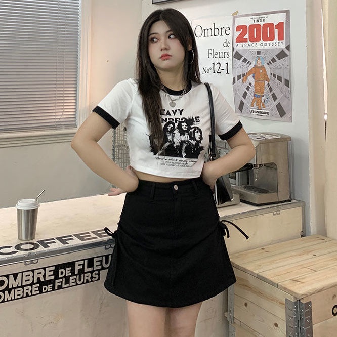 Large size 2022 summer black-and-white short-sleeved T-shirt women's short spicy blouse fat mm skirt set