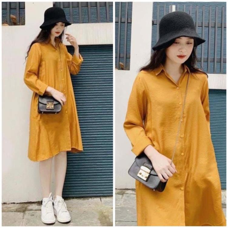 X2 váy sơ mi basic vàng nghệ tay dài thanh lịch Đầm công sở dáng suông cổ áo cá tính