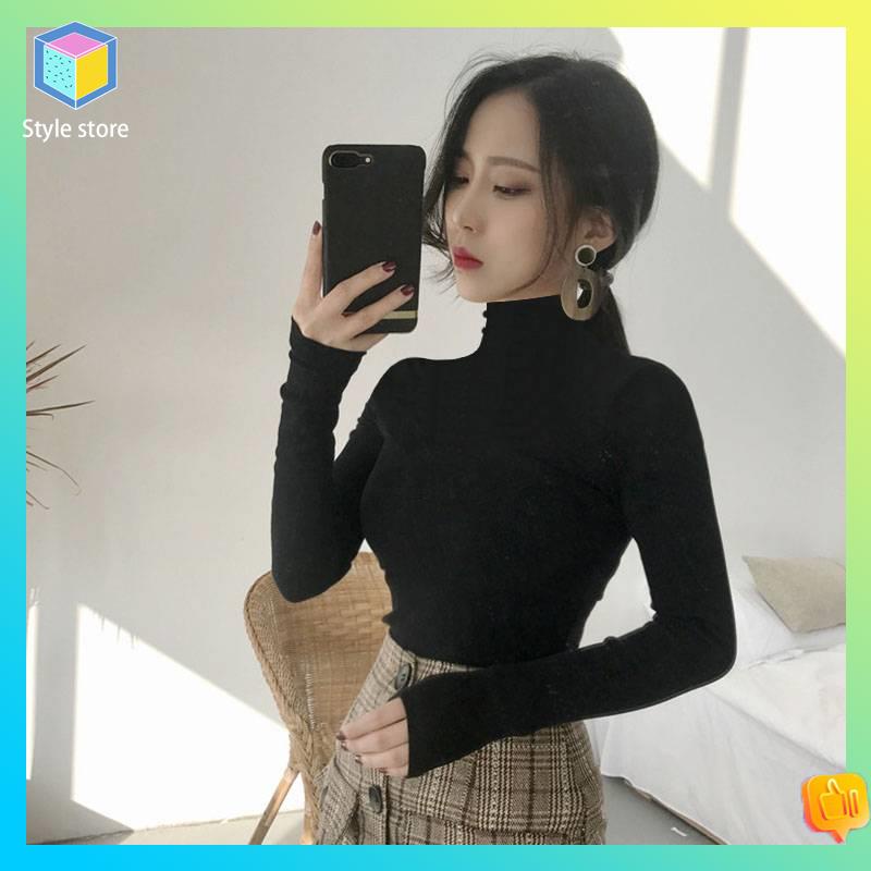 áo cổ lọ nữ áo giữ nhiệt cổ cao Áo thun dưới cùng mùa thu và mùa đông mới cao trên cùng với áo lót chặt chẽ và cổ áo mỏng màu đen nguyên chất bên trong dài -sleeved t -shirt