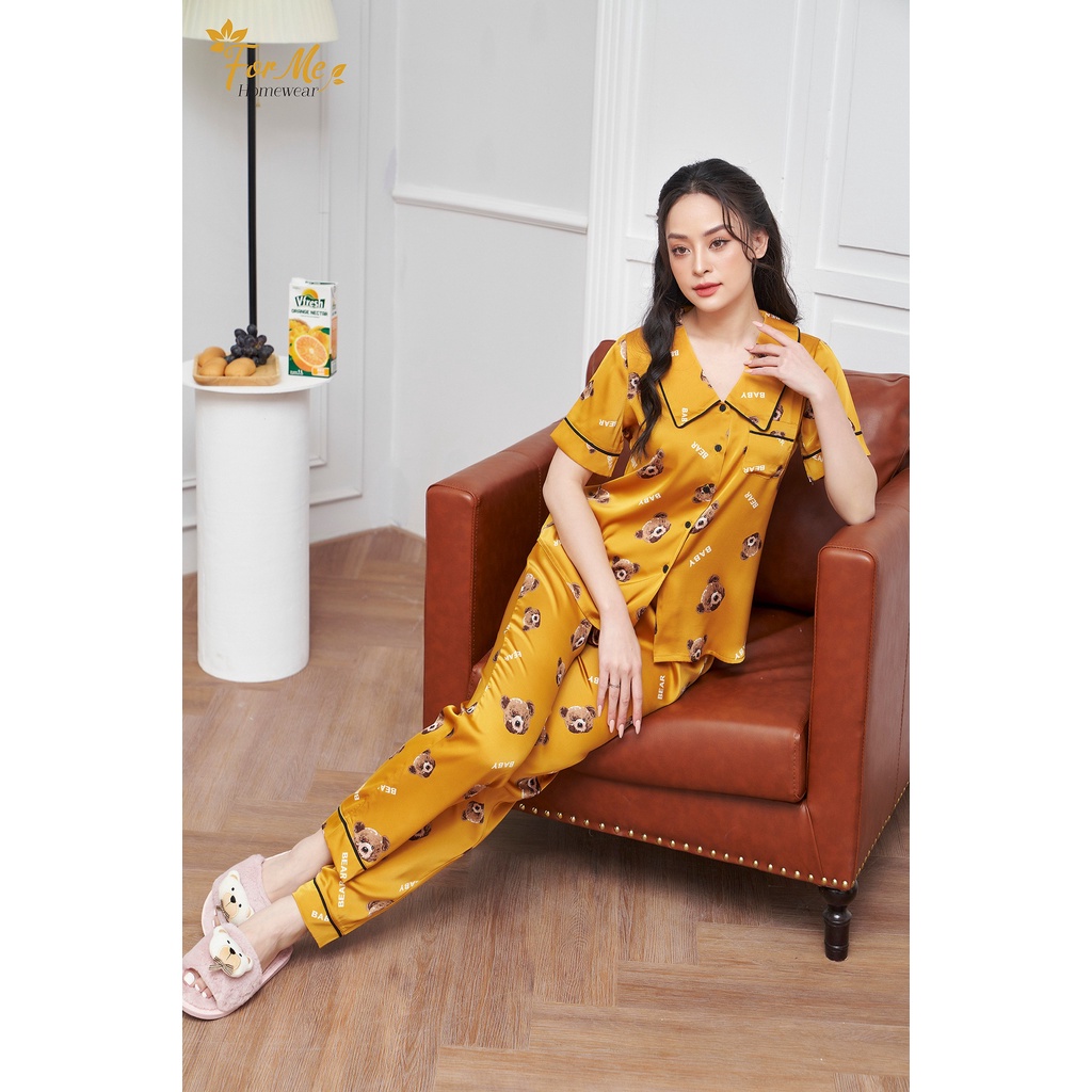 Bộ mặc nhà Lụa Giấy Luxury dáng ngắn tay quần dài Họa Tiết Gấu Bear 10, forme pijamas