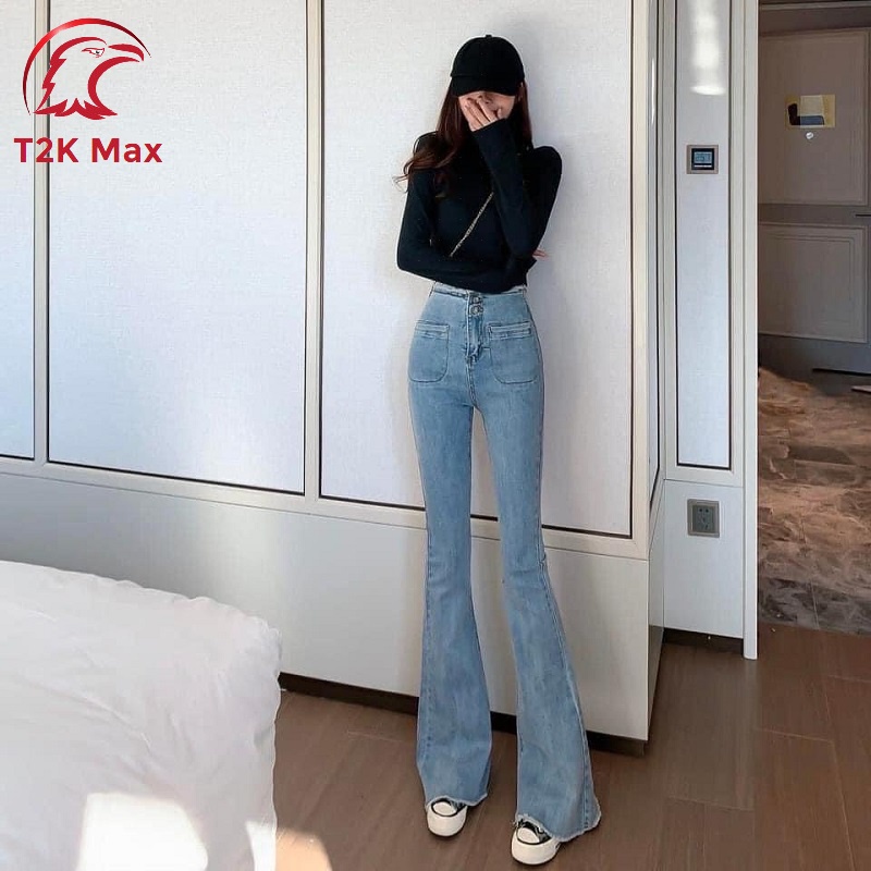 Quần bò nữ cạp cao ống rộng - Quần jean nữ lưng cao ống loe tôn dáng - T2K Max
