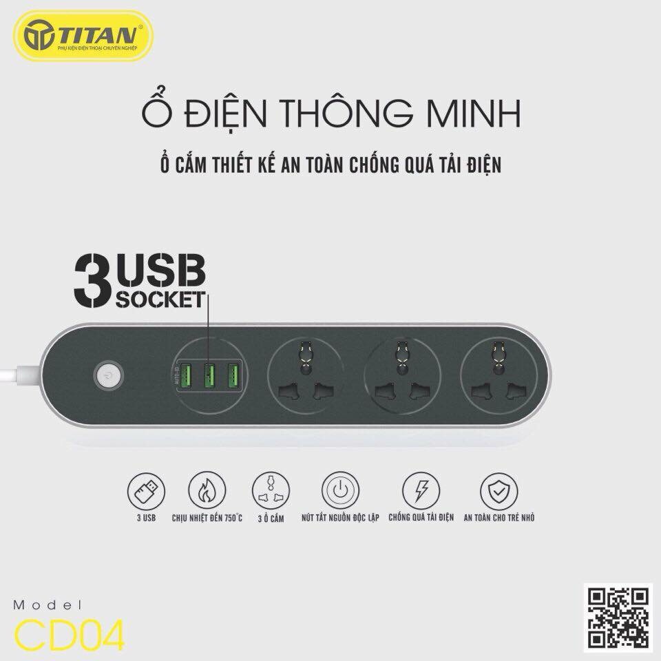 Combo Bộ 3 Ổ Cắm Điện Thông Minh TITAN 3 Cổng Cắm Điện 3 Cổng USB - CD04