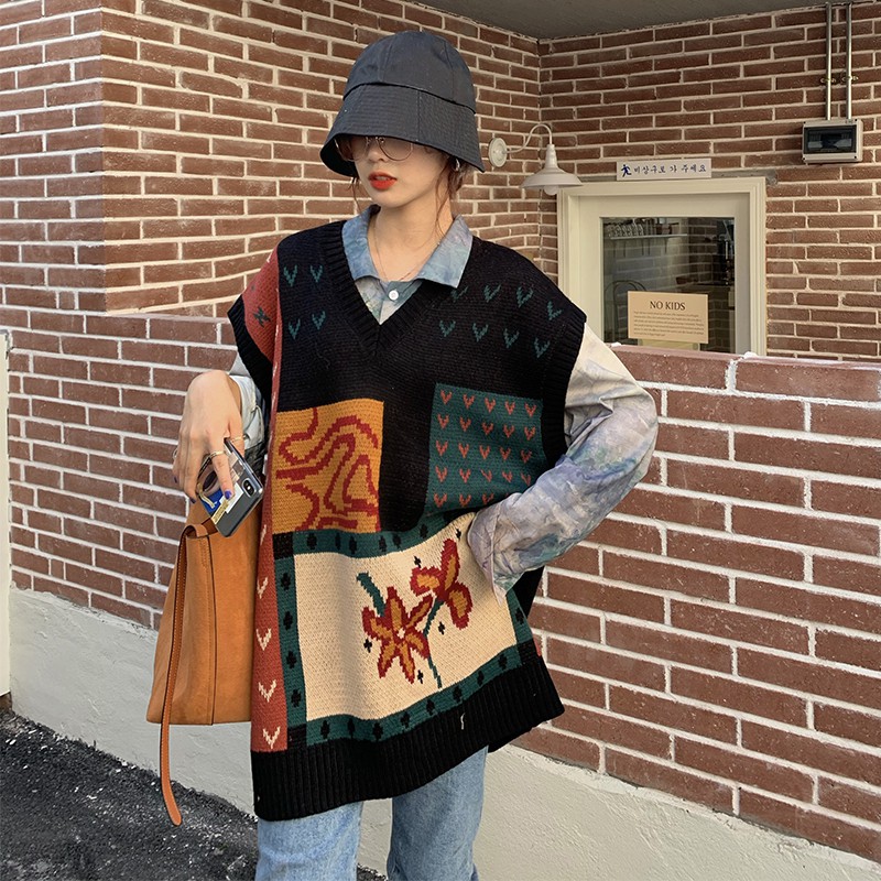 Áo Len Không Tay Cổ Chữ V Dáng Rộng Phong Cách Retro Dành Cho Nữ