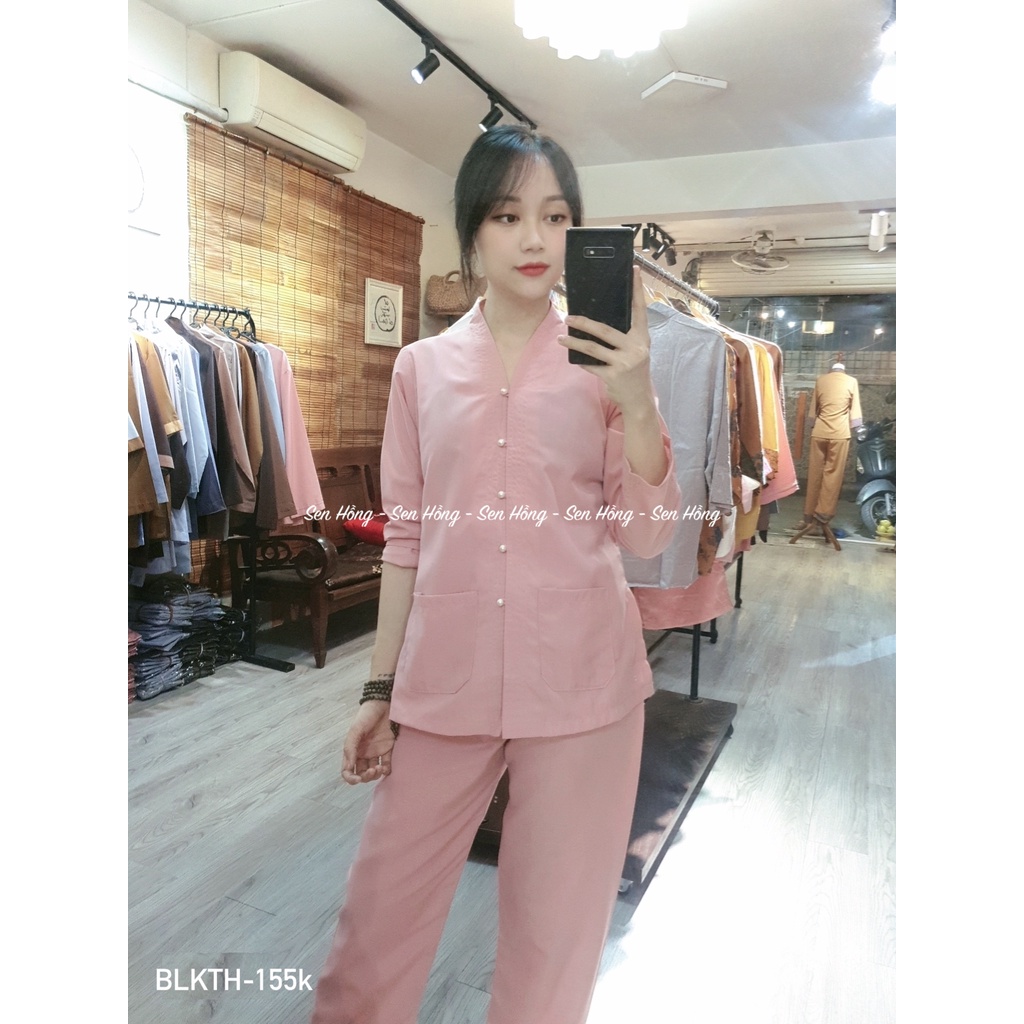 ĐỒ LAM ĐI CHÙA NỮ # pháp phục Phật tử # bộ lam đính cúc ngọc, mẫu bà lai không thêu có túi 2 bên