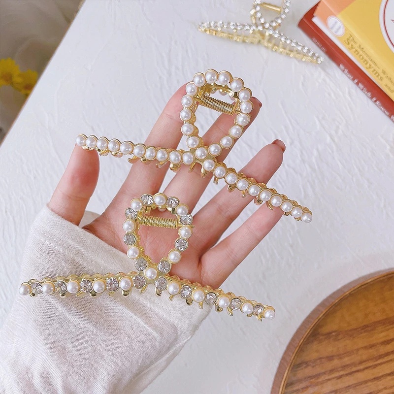 Kẹp tóc kim loại đính đá ngọc trai đơn giản sang trọng cho nữ