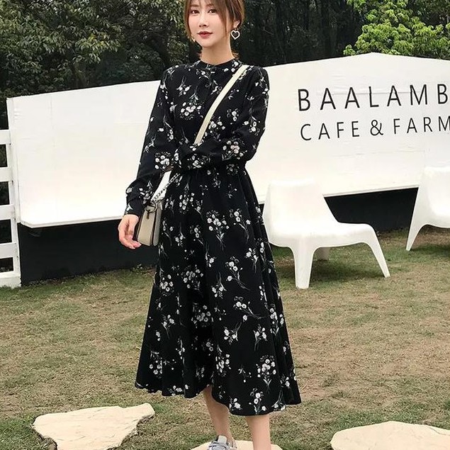 Korean style classic long-sleeve floral chiffon dress