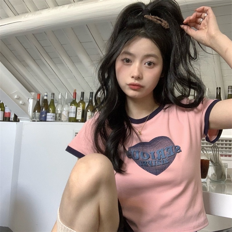 Áo thun ZHELIHANGFEI dệt kim tay ngắn thiết kế hở rốn màu sắc tương phản thời trang cho nữ