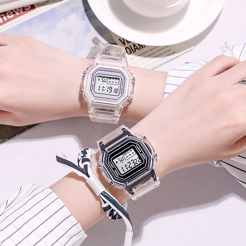 Women Led Digital Watch Transparent Square Multifunctional Luminous Waterproof Girls Watch Unisex Watch Sports Student Watch