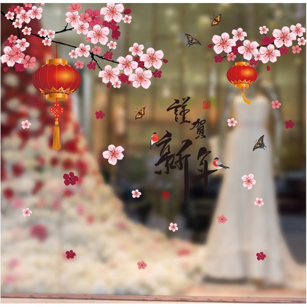 Decal trang trí Tết - Cành Anh Đào treo tết