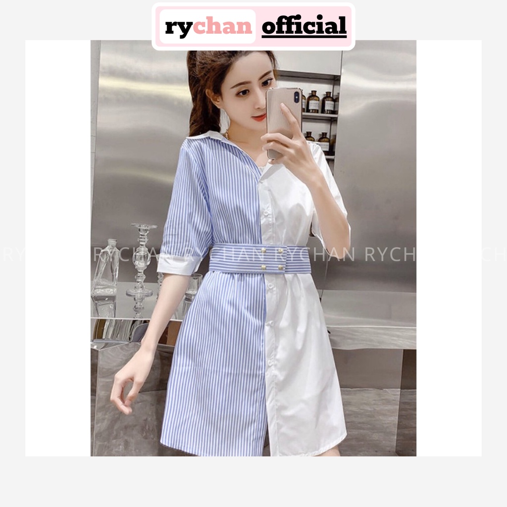 Đầm Suông Sơ Mi Phối Màu Đính Bản Eo Lạ Mắt - DS292