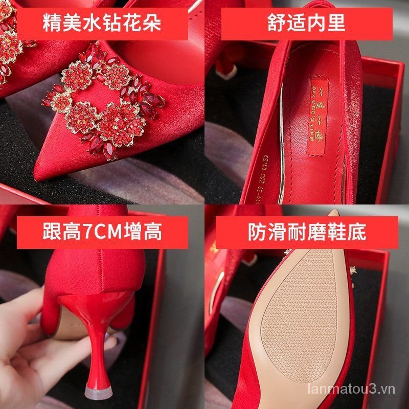 Wedding Shoes Women's Red High Heels Stiletto Rhinestone Square Buckle Shoes Satin Bridesmaid Dress Wedding Dress Bridal Wedding Shoes Women