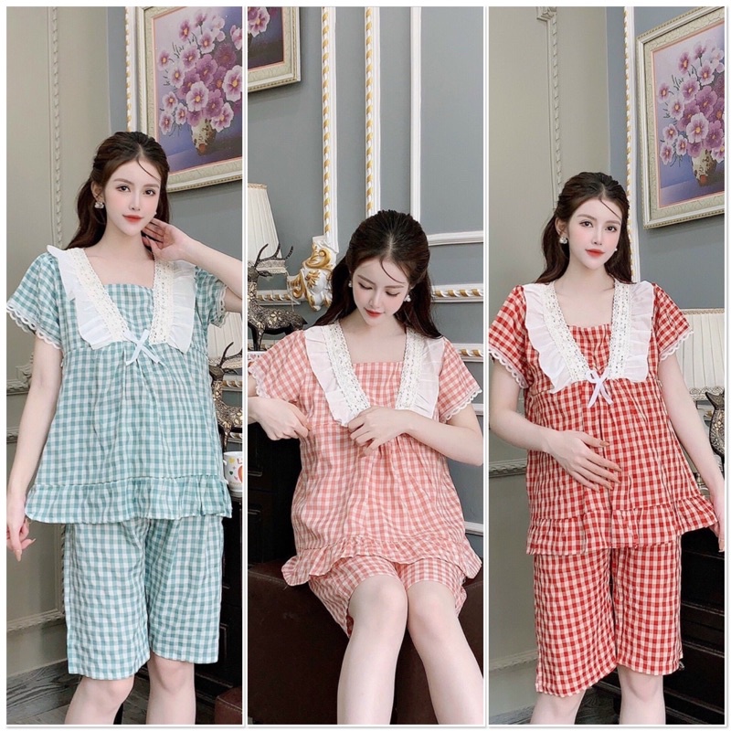 Đồ bộ Bầu LỬNG và sau sinh kiểu kẻ caro kèm Nơ xinh xắn, Cổ áo Cách điệu FREESIZE có khoá ti Tiện lợi