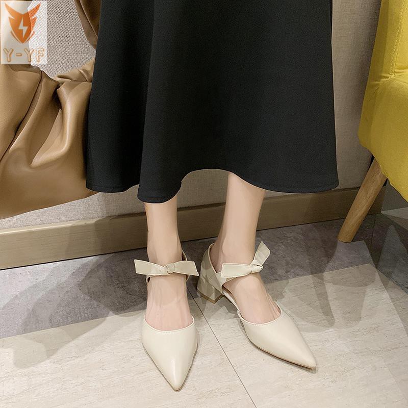 [High quality]Net celebrity fairy style pointed thick heel single shoes female 2021 spring and autumn new wild Baotou bow two high heels