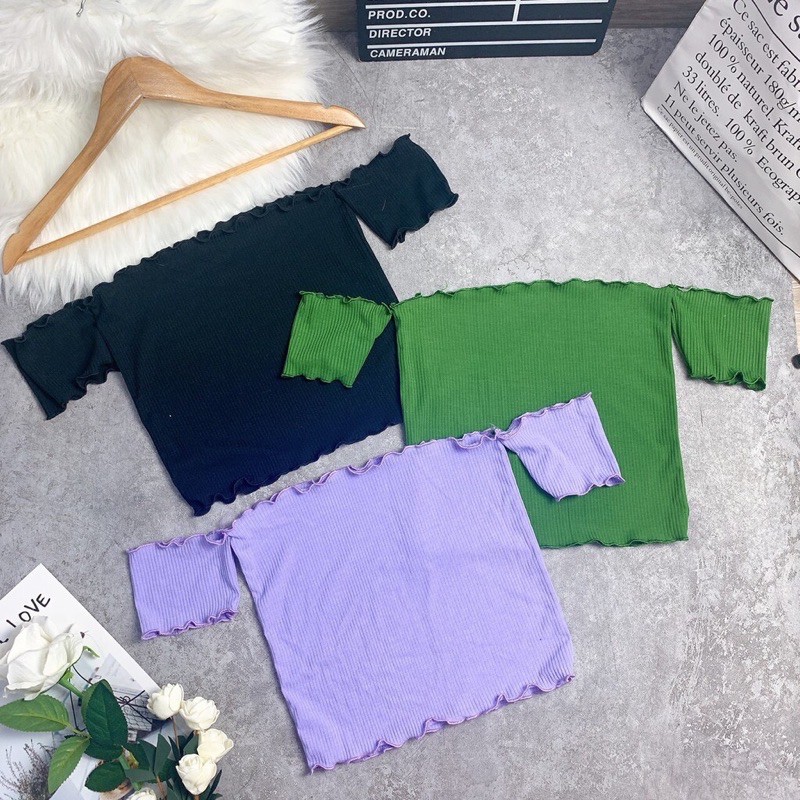 Áo croptop trễ vai , cuốn biên , chất thun gân mềm mịn ôm body khoe dáng