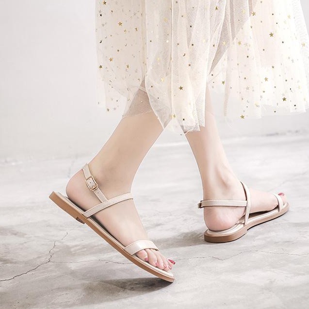 SANDAL Bệt S12 Quai Ngang Mũi Tròn Màu Kem &amp; Đen