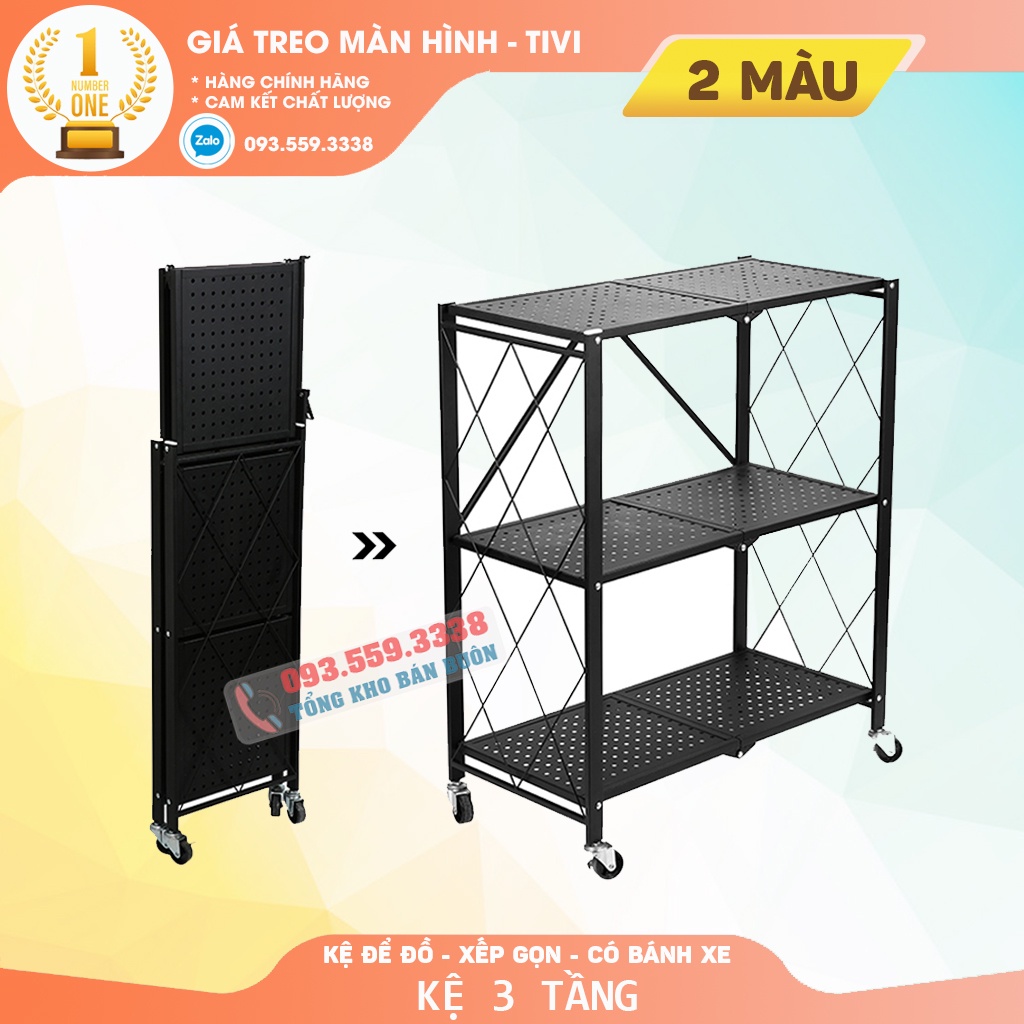 Kệ để đồ đa năng gấp gọn 3 tầng có bánh xe -  Để lò vi sóng nhà bếp - Kệ đa năng trang trí nhà cửa - Hai Màu Lựa Chọn
