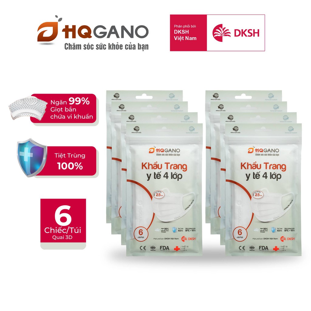 Combo 8 Gói khẩu trang y tế quai 3D mới 4 lớp HQGANO  kháng khuẩn, đạt chuẩn xuất khẩu, không mùi, chất liệu cực mềm mại