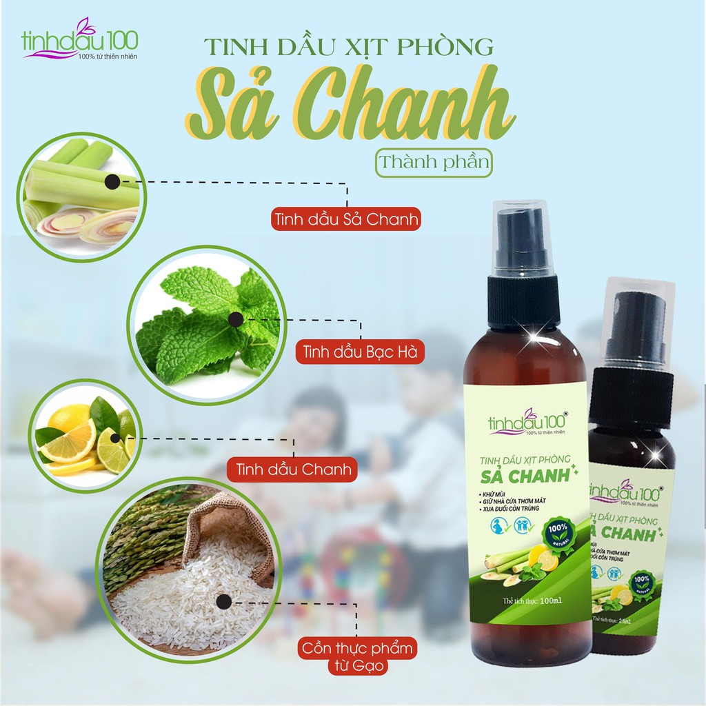 Tinh dầu xịt phòng sả chanh Tinh Dầu 100 khử mùi, thơm phòng, thư giãn, đuổi muỗi, an toàn cho bà bầu và trẻ nhỏ