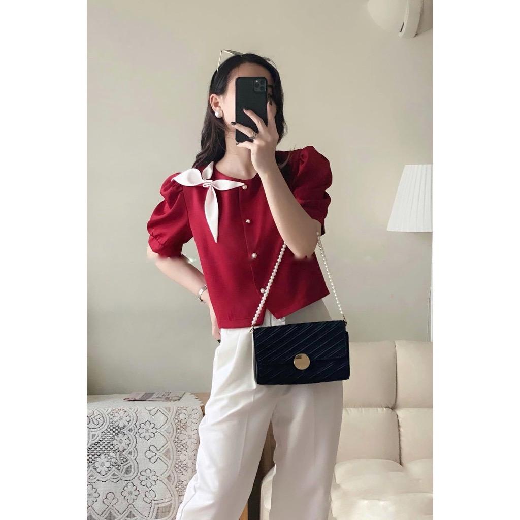 ⚡BÁN SỈ⚡Áo áo sơ mi hoa cách điệu cúc ngọc dáng ngắn bắn cúc ngọc