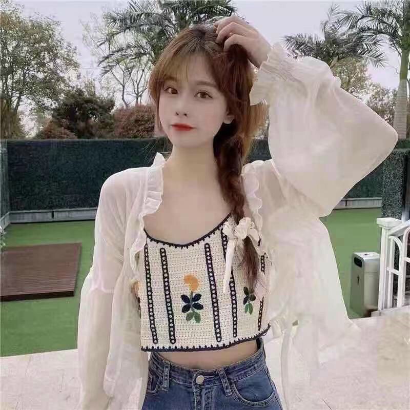 💥Áo 2 dây len đan thêu hoa croptop cho nữ