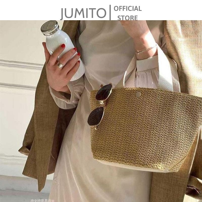 Túi xách nữ cói tote đi biển cầm tay size to vitage mẫu mới quai đen trắng JUMITO SF585