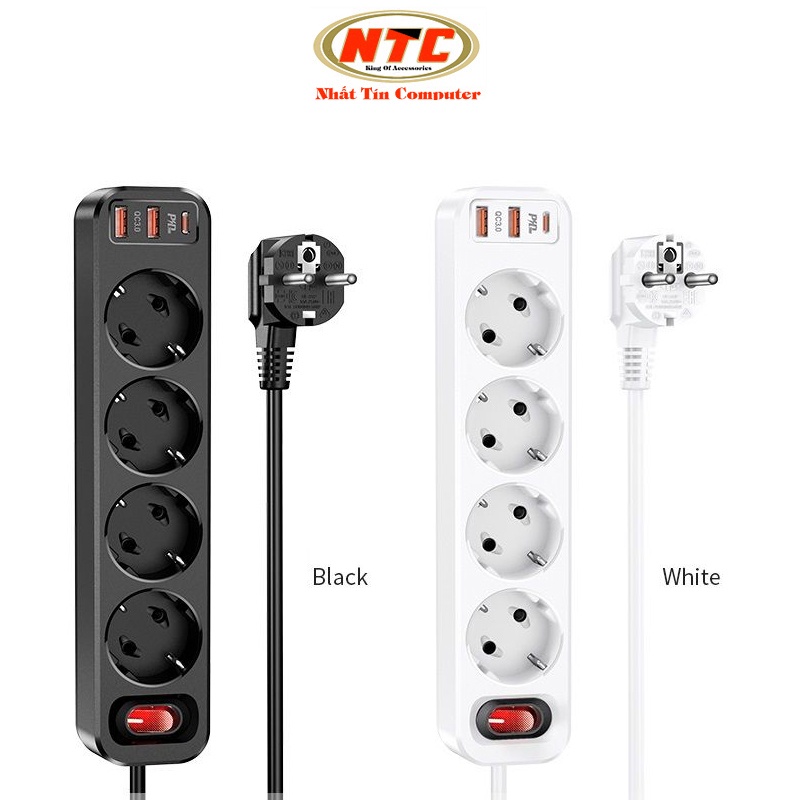 Ổ cắm điện thông minh HOCO NS1 hỗ trợ 2 USB quick charge và 1 typeC PD 20W - công suất tải đến 4000W