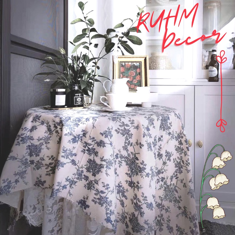 Khăn trải bàn ren hoa cổ điển họa tiết Hoa vintage xanh blue KB-B01