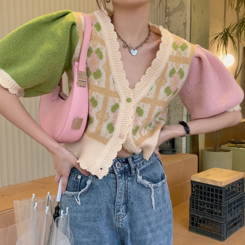 Áo Khoác Cardigan Dệt Kim Cổ Chữ v Màu Sắc Tương Phản Thời Trang Mùa Xuân 2022