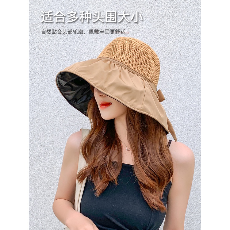 Nón Cói Rộng Vành Hở Chóp Phối Nơ Màu Đen Chống Tia Cực Tím Cho Nữ