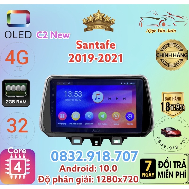 Màn Hình Android OLED C2 Theo Xe SANTAFE 2019 - 2021, 10 inch kèm dưỡng và jack zin