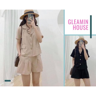 Set bộ áo vest nữ cộc tay phối quần đùi chất đũi, Set áo sơ mi nữ cổ vest ngắn tay kèm quần đùi - bộ quần áo nữ chất đũi