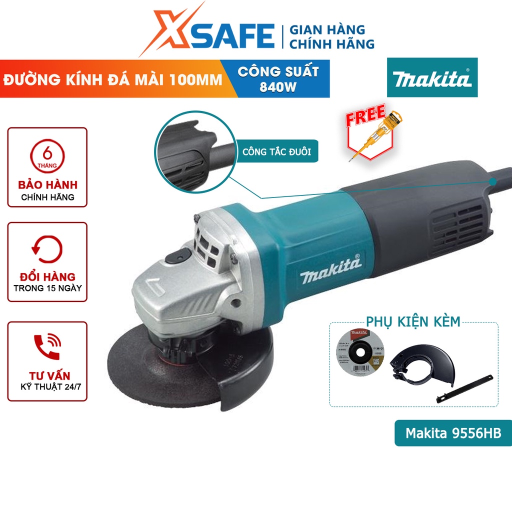 Máy mài góc cầm tay MAKITA 9556HB công tắc đuôi, công suất 840W, đường kính đá mài 100mm, tốc độ không tải 11000rpm