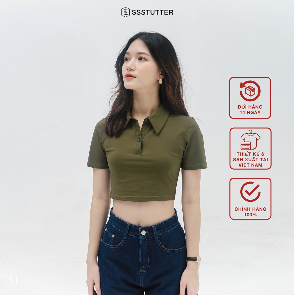 Áo polo croptop ngắn tay nữ SSSTUTTER chất cotton thoáng mát POLO TEE