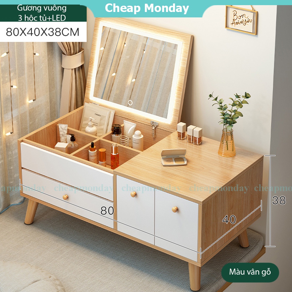 Bàn phấn, bàn trang điểm thiết kế ngồi bệt, tích hợp đèn LED có nút cảm ứng thông minh, ngăn kéo chứa đồ rộng rãi