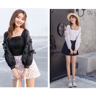 Áo croptop tay dài phối nơ xinh xinh