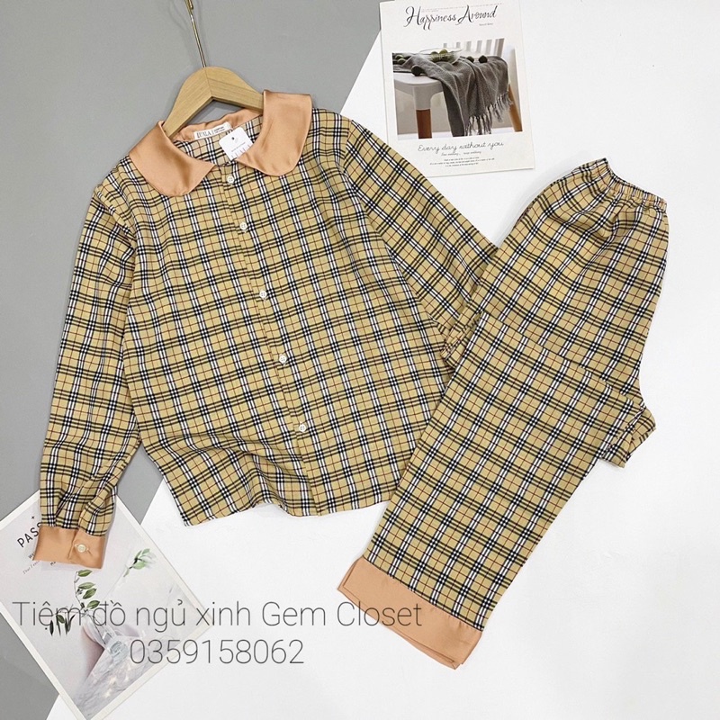 Bộ mặc nhà pijama lụa loại 1 cổ sen tay dài phối cúc quần dài