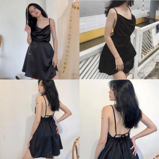 [ MẪU HOT ] Đầm Đen Gold Dress vải lụa mịn - váy ôm hai dây hở lưng sang chảnh