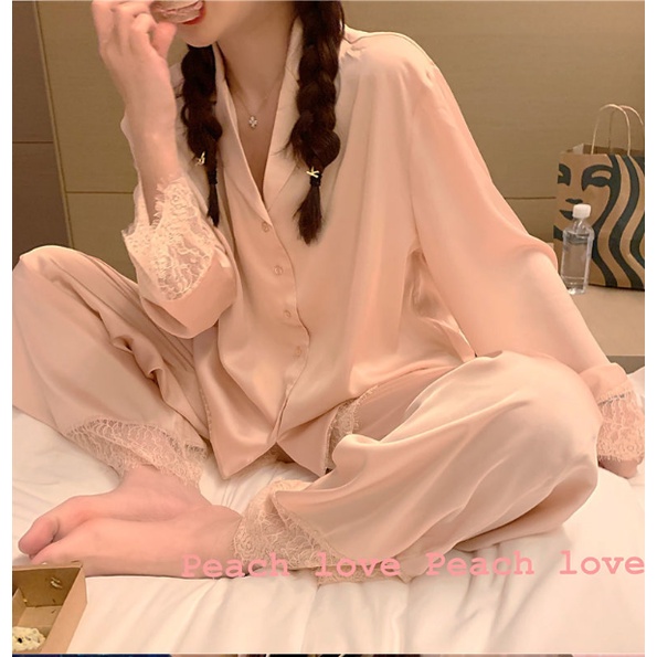 Bộ đồ ngủ nữ tay dài viền ren phong cách công chúa xinh xắn thời trang xuân thu mới