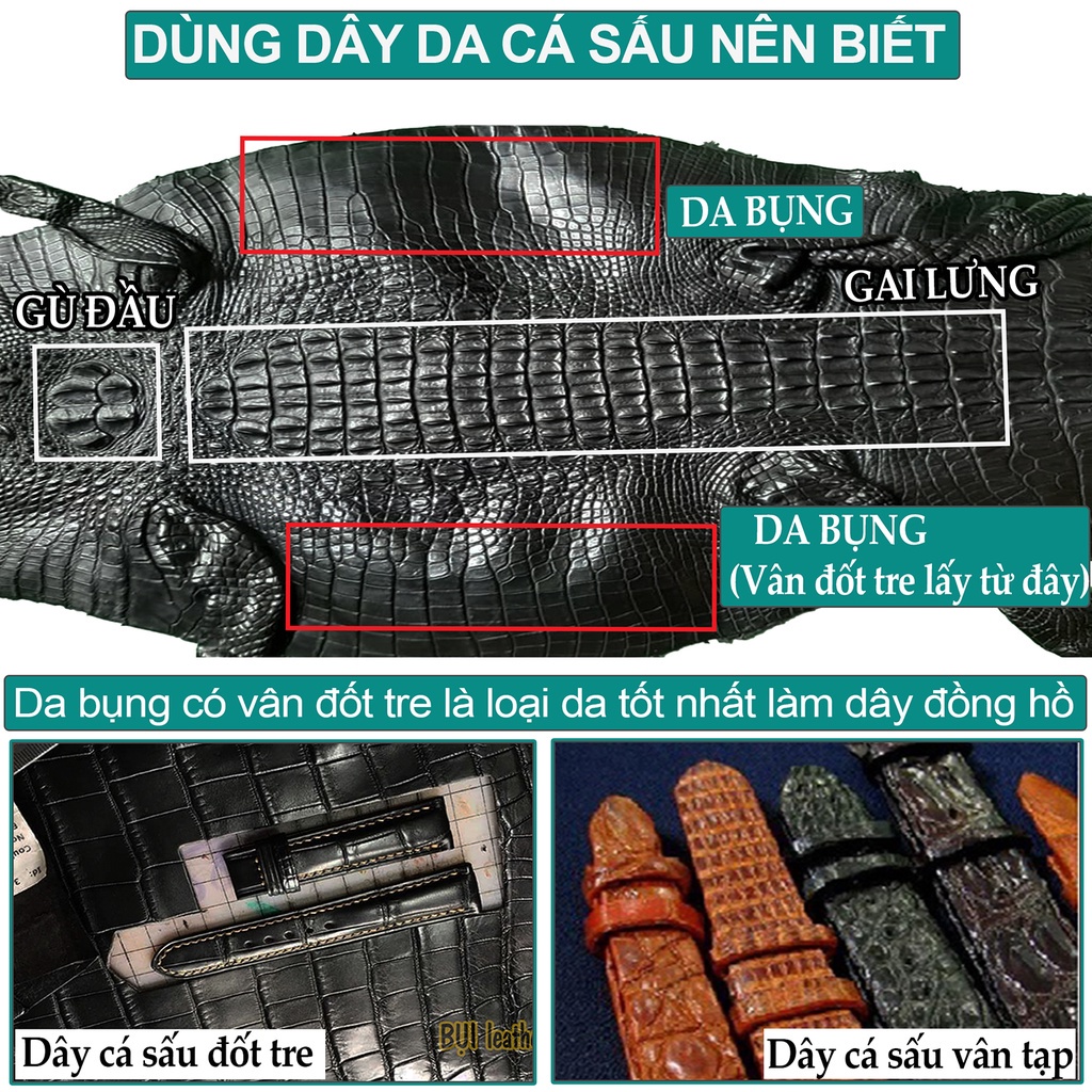 Dây Da Đồng Hồ Da Cá Sấu Nam Đủ mầu Vân Đốt Tre Đủ Size (Trong lót da bò)
