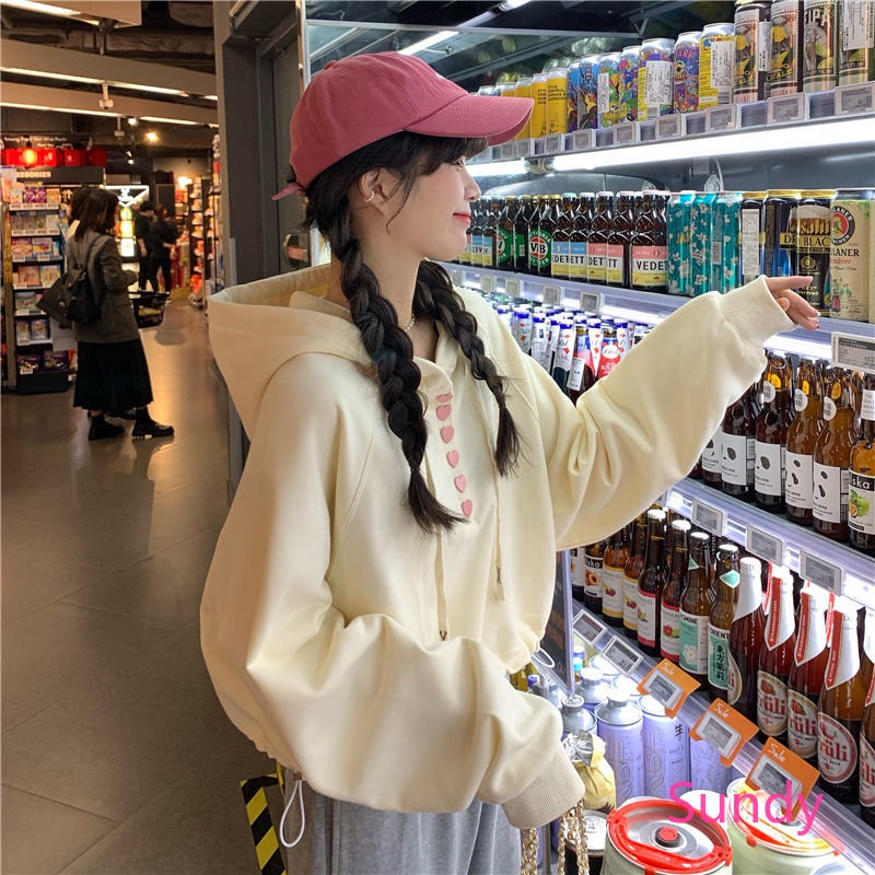 Áo Hoodie Dài Tay Dáng Rộng Eo Cao Phối Dây Rút Thời Trang Mùa Thu Hàn Quốc Dành Cho Nữ