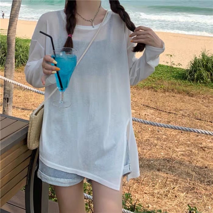 Áo Thun Tay Dài Màu Trắng Dáng Rộng Thiết Kế Xẻ Tà Thời Trang Mùa Hè Cho Nữ