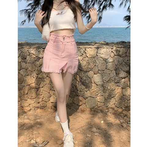 Jiashucheng Chân Váy Denim Ngắn Lưng Cao Thời Trang Mùa Hè Hàn Quốc 2023 Dễ Phối Đồ