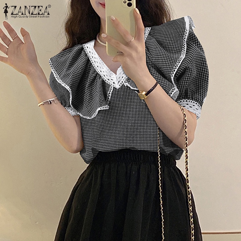 Áo sơ mi ZANZEA tay ngắn viền bèo họa tiết caro thời trang Hàn Quốc cho nữ