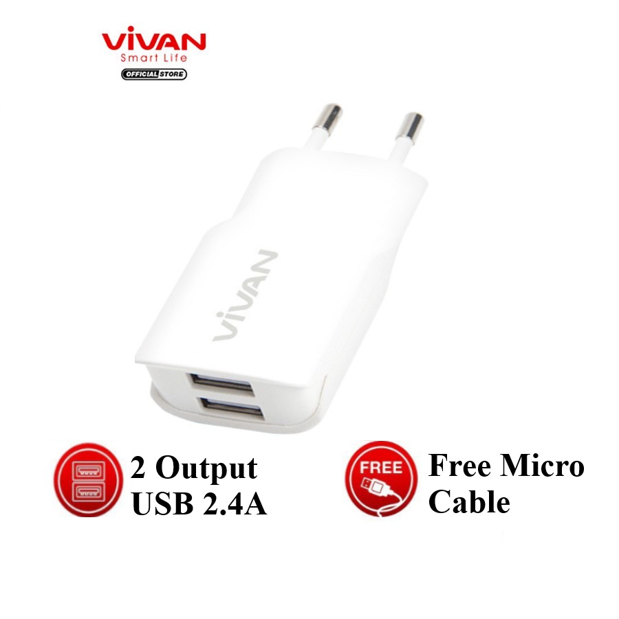 Cốc Sạc VIVAN 2 cổng kết nối USB 2.4A kèm dây cáp Micro 1m - DD01
